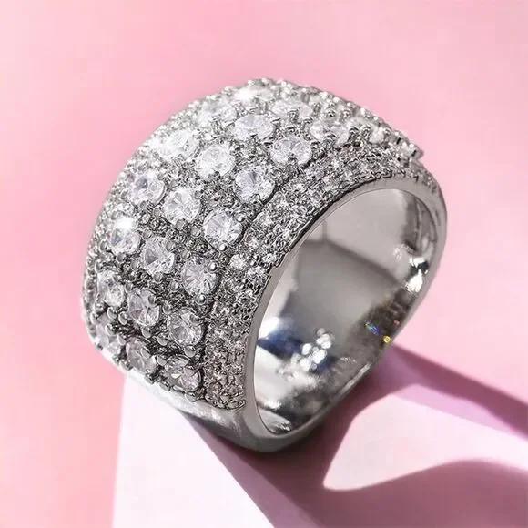 🧊💍Wide Luxurious Silver CZ Diamond 5-Row Sparkle Band Statement Cocktail Ring - Picture 9 of 17